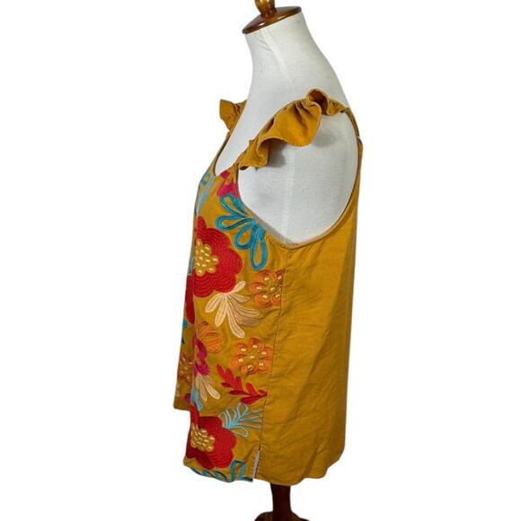 Andree by Unit Mustard Cotton Linen Floral Embroidered Ruffle Strap Tank Size M - Picture 3 of 7